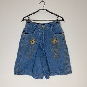 Fun Vintage High Waisted Denim Shorts with Gold Embroidered Details
